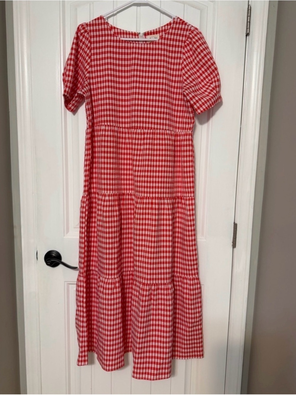 BiBi Red and White Gingham Short Sleeve Tiered Midi Dress with Sleeve Detail - Picture 2 of 5